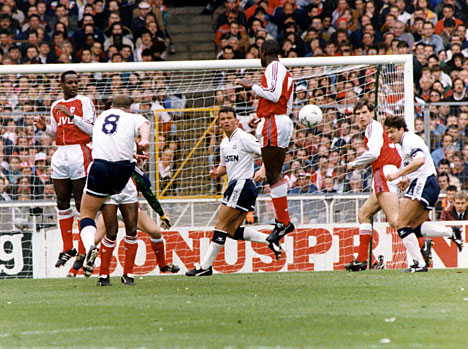 Paul Gascoigne scores against Arsenal in the 1991 FA Cup semi-final at Wembley