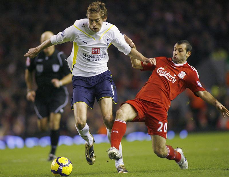 Peter Crouch in action for Tottenham Hotspur against Liverpool