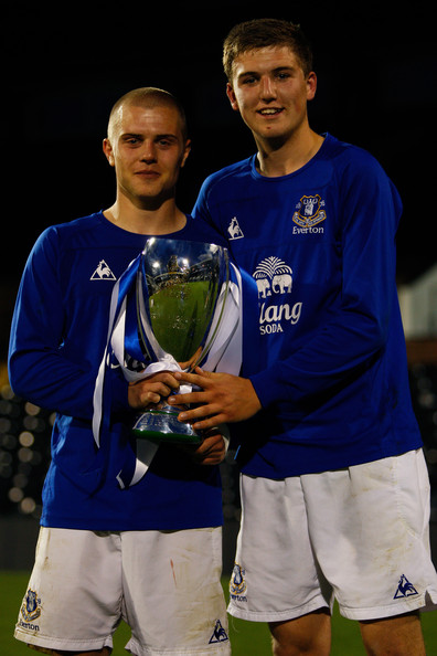 George Waring & Jake Bidwell of Everton celebrate winning the Premier Academy League Final match against Fulham at Craven Cottage.