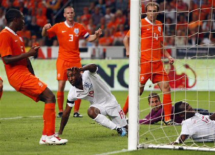 Jermain Defoe scored twice in England's last international match against the Netherlands, August 2009