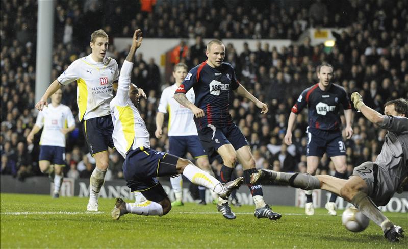 Jermain Defoe scores for Tottenham Hotspur in the 2009-10 home Premier League match against Bolton Wanderers