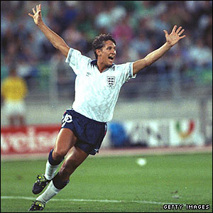 Gary Lineker scores at the 1990 World Cup Finals in Italy