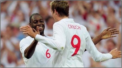 Ledley King scored England's first goal against Mexico after a Peter Crouch assist, May 2010