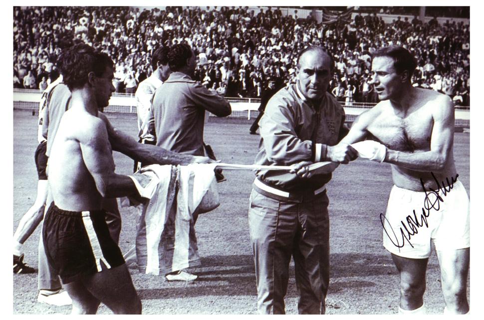 Alf Ramsey tries to prevent George Cohen from swapping shirts, England v Argentina, 1966 World Cup Quarter Finals, Wembley