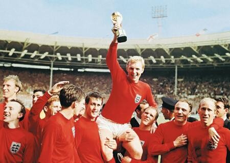 Bobby Moore is hoisted aloft after England's 1966 World Cup Finals win over West Germany