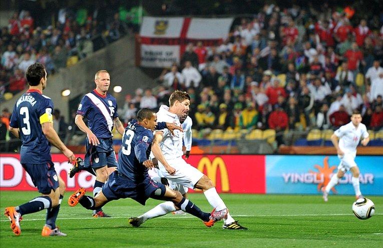 England's Steven Gerrard scores in the 1-1 draw with the United States during the 2010 World Cup Finals in South Africa