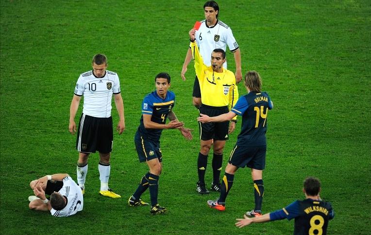 Australia's Tim Cahill is sent off during the 0-4 defeat to Germany