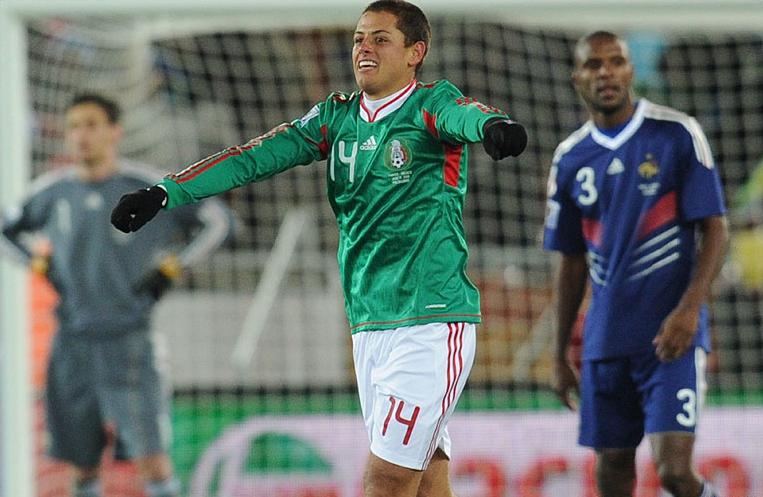 Javier Hernandes celebrates his goal for Mexico in the 2-0 win over France
