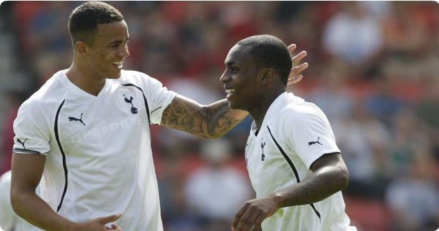 Jermaine Jenas congratulates Danny Rose's goal in the 4-0 win over AFC Bournemouth, July 2010