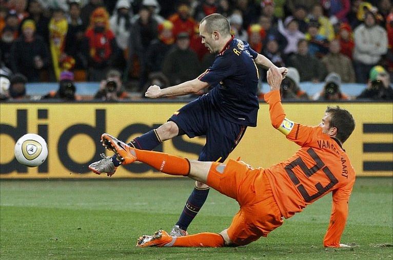 Andres Iniesta scores the goal which won the World Cup for Spain for the first time while the Netherlands are losing Finalists for the third time.