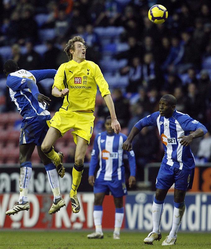 Peter Crouch in action for Tottenham Hotspur away to Wigan Athletic