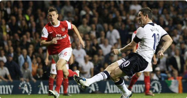 Robbie Keane scores Tottenham Hotspur's goal in the 1-4 League Cup 3rd Round defeat to Arsenal