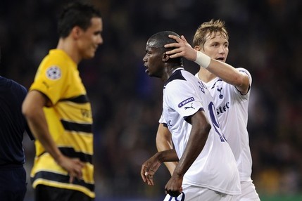 Sebastien Bassong is congratulated by Roman Pavlyuchenko afrer scoring in the UEFA Champions League against BSC Young Boys
