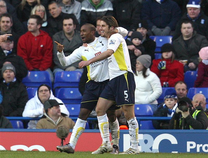 Jermain Defoe and David Bentley in action for Tottenham Hotspur at Birmingham City