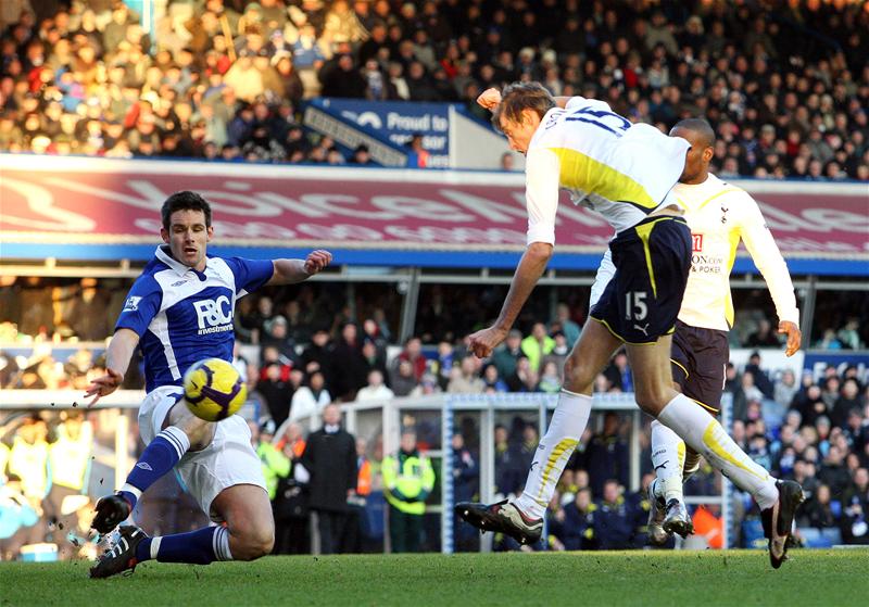 Peter Crouch in action for Tottenham Hotspur at Birmingham City