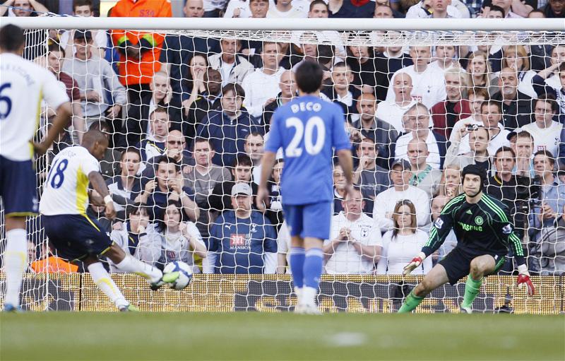 Jermain Defoe scores a penalty for Spurs against Chelsea, April 2010