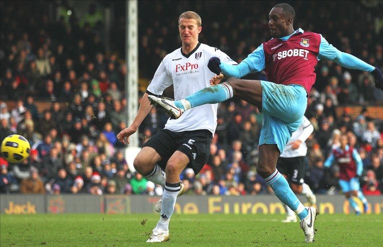 Carlton Cole scores his second goal in West Ham's 3-1 Boxing Day win at Fulham