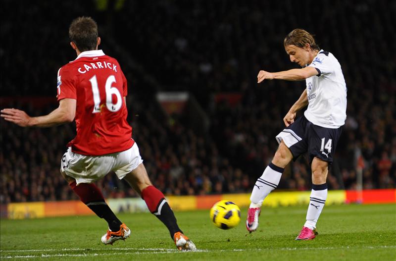 Luka Modric of Tottenham Hotspur in action against Manchester United, October 2010