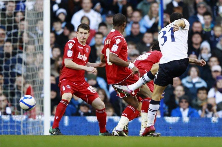 Andros Townsend puts Tottenham Hotspur ahead in the FA Cup game against Charlton Athletic, January 2011