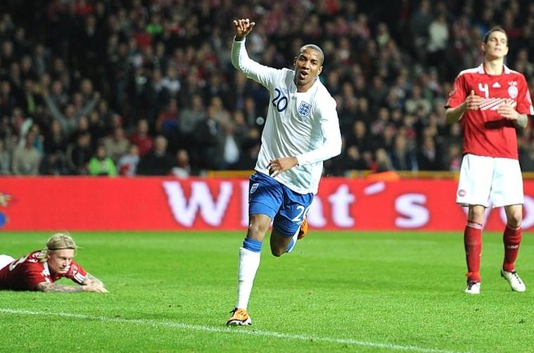 Ashley Young scores England second goal in the 2-1 win over Denmark in Copenhagen, February 2011