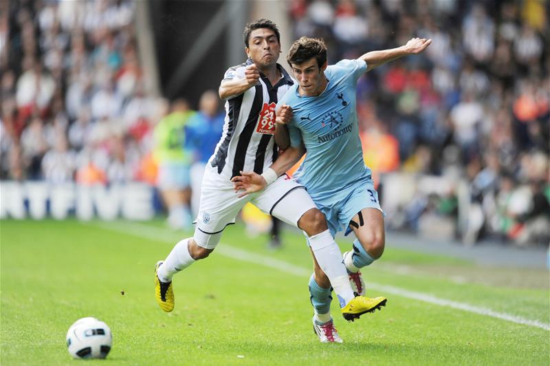 Gareth Bale of Tottenham Hotspur in action against West Bromwich Albion, September 2010