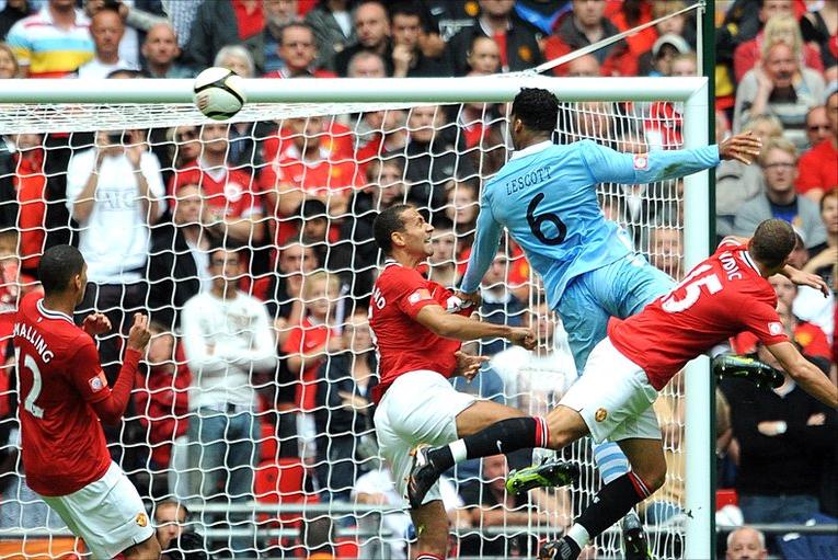Joleon Lescott scores for Manchester City against Manchester United in the 2011 FA Community Shield