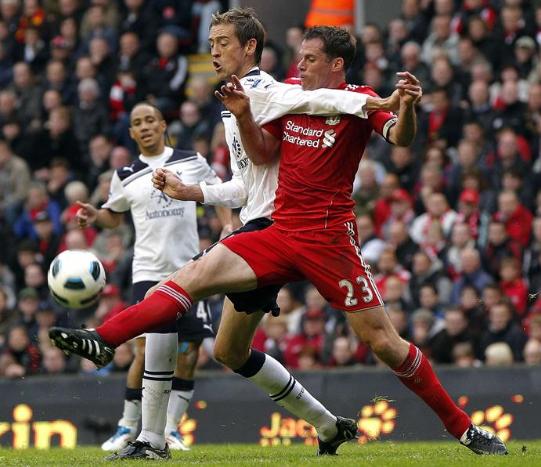 Peter Crouch in action for Spurs in the 2-0 win at Anfield, May 2011
