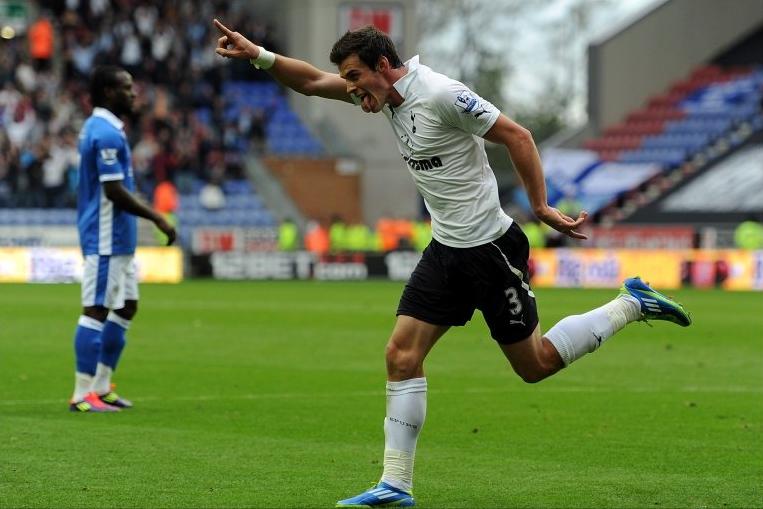 Gareth Bale celebrates his goal against Wigan, September 2011