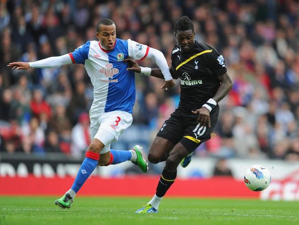 Emmanuel Adebayor in action for Tottenham Hotspur at Blackburn Rovers, October 2011