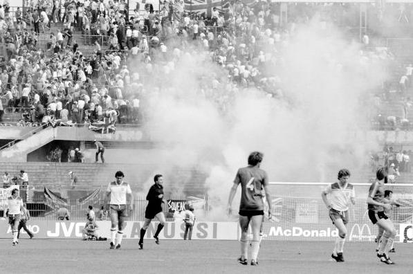 Action from England v Belgium at the 1980 European Championship Finals in Italy