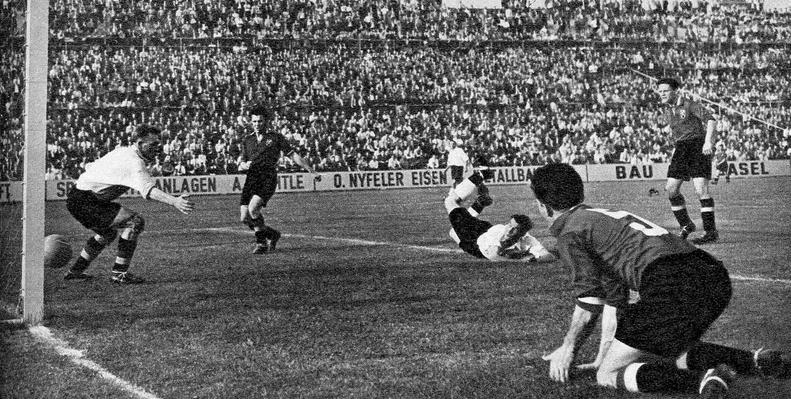 Nat Lofthouse scores for England against Belgium at the 1954 FIFA World Cup Finals in Switzerland