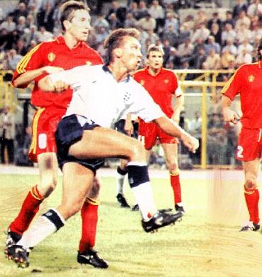 David Platt scores for England against Belgium at the 1990 FIFA World Cup Finals in Italy