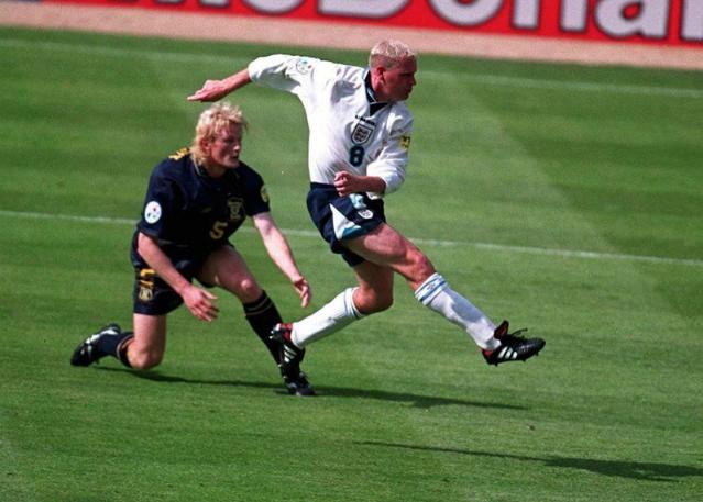 Paul Gascoigne scores for England against Scotland in the Euro 1996 Finals at Wembley