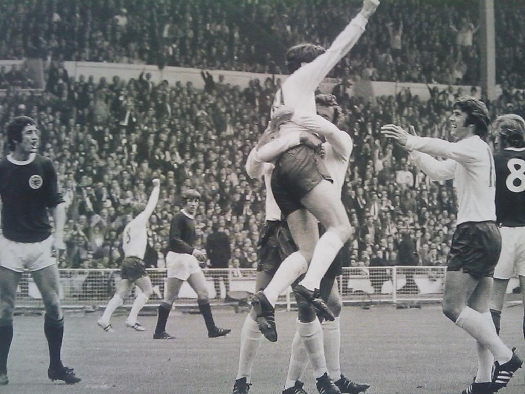 Martin Peters is congratulated for his goal by Martin Chivers, who scored twice foe England against Scotland, Wembley 1971