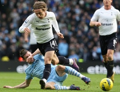 Luka Modric in action for Tottenham Hotspur at Manchester City, January 2012