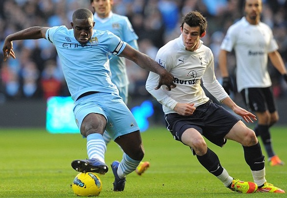 Gareth Bale in action for Tottenham Hotspur at Manchester City, January 2012