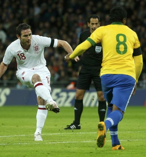 Frank Lampard scores for England in the 2-1 win against Brazil, February 2013