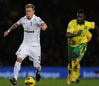 Lewis Holby in action for Tottenham Hotspur against Norwich City, January 2013