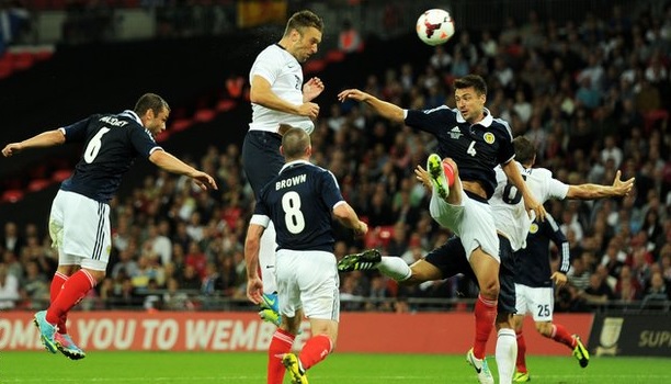 Rickie Lambert scores in the 3-2 win against Scotland, August 2013