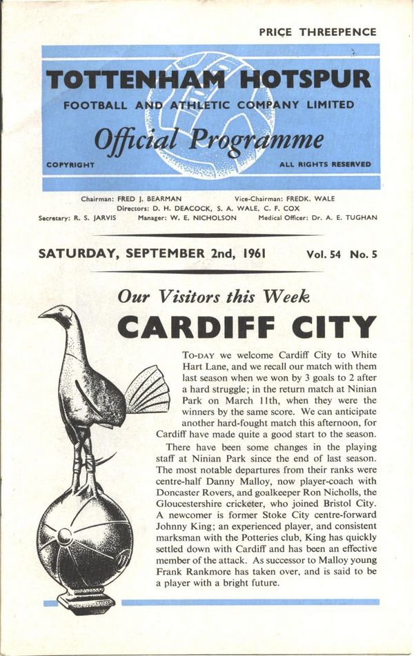 Tottenham v Cardiff match programme, September 1961