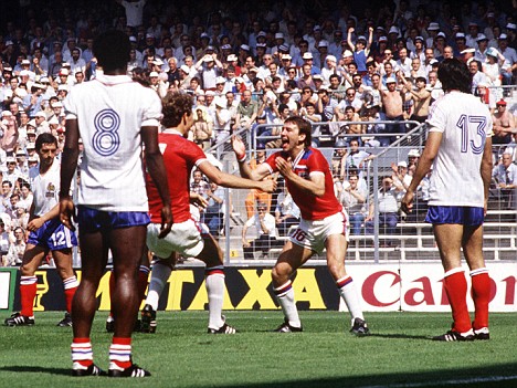 Bryan Robson celebrates his goal against France after just 27 seconds in the 1982 World Cup Finals