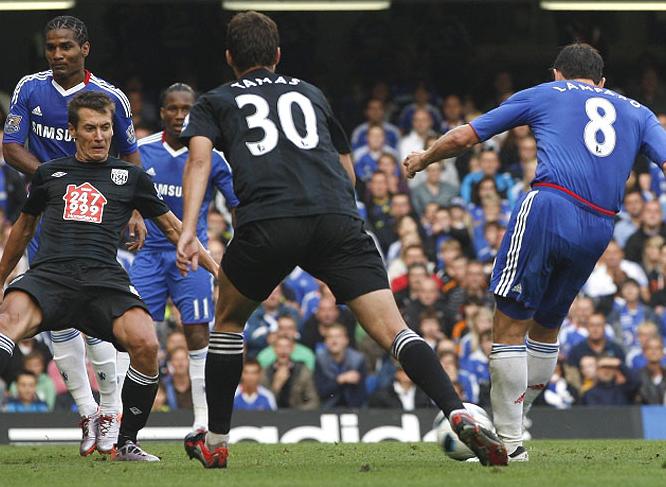 Frank Lampard scores in Chelsea's 6-0 win over West Bromwich Albion, August 2010